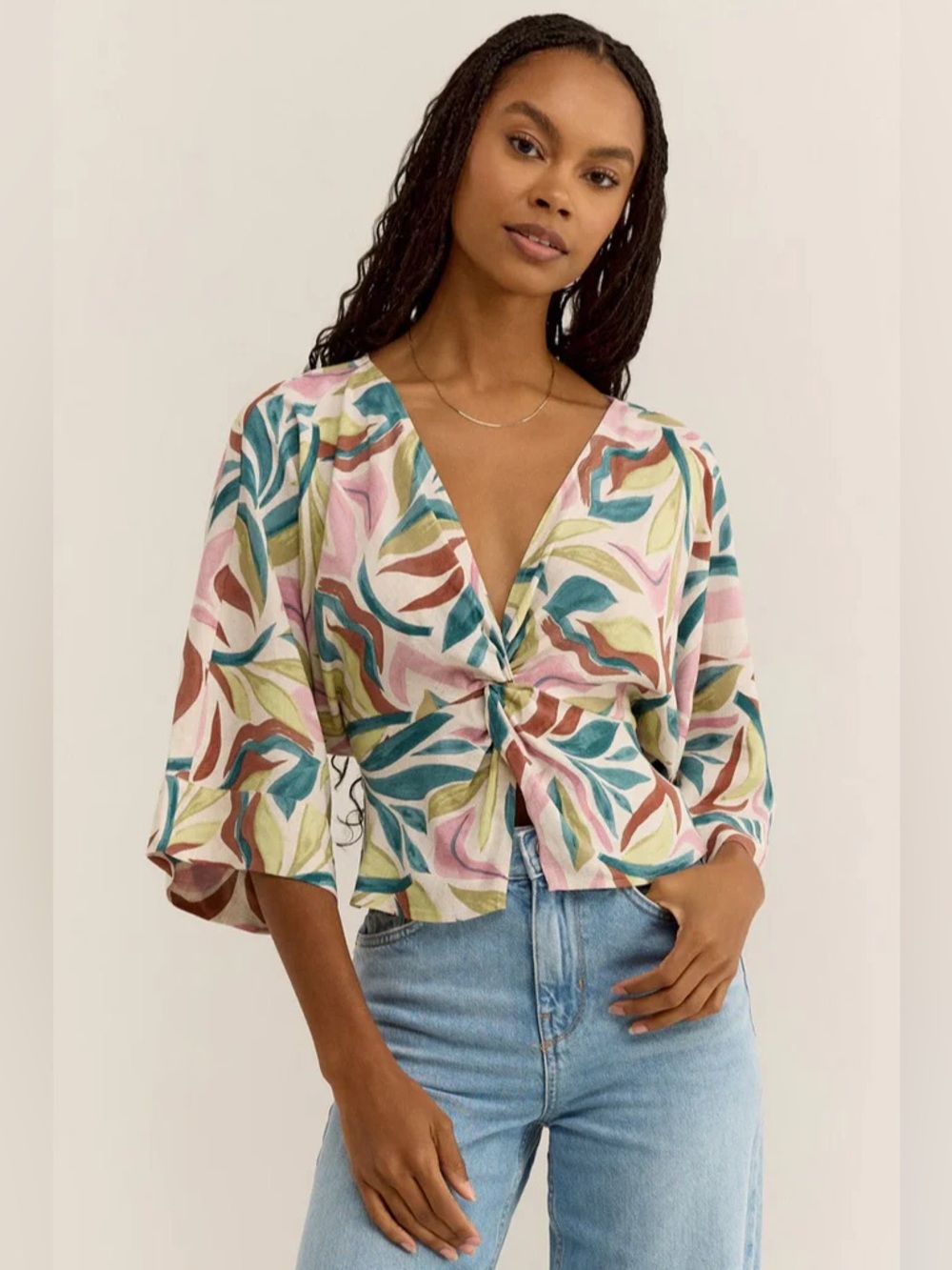 Z SUPPLY‎ Multicolor Twist Front Cropped Blouse XS V-Neck Abstract Flared Sleeve